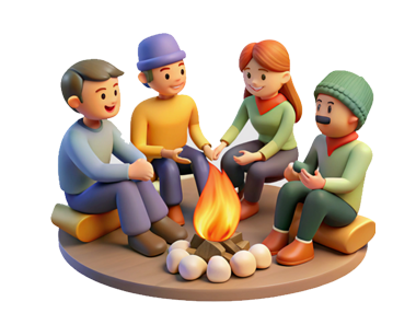 People gathering around campfire